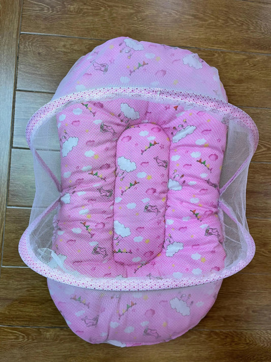 Baby Bed with Net  – (0–1 Year) | light weight Net Bed with could theme on pink Little Flower