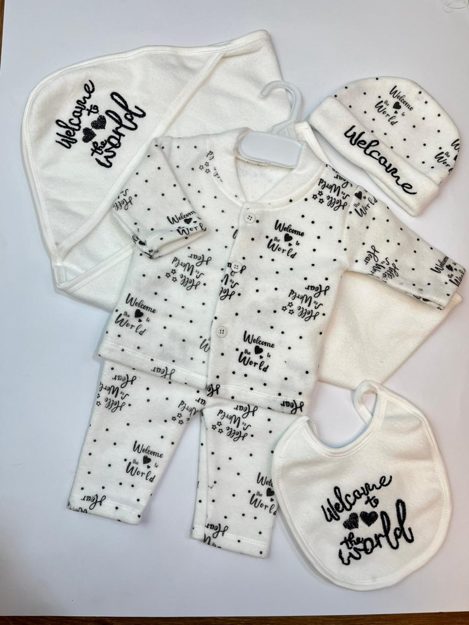 Welcome to the World – Black Print - 5-Piece Newborn Baby Clothing Set | Soft Cotton Outfit for 0–6 Months
