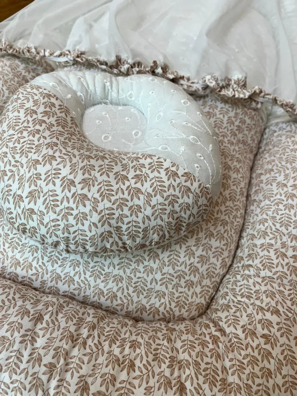 Baby Net Bed With Pillow | Brown leaves with white chicken