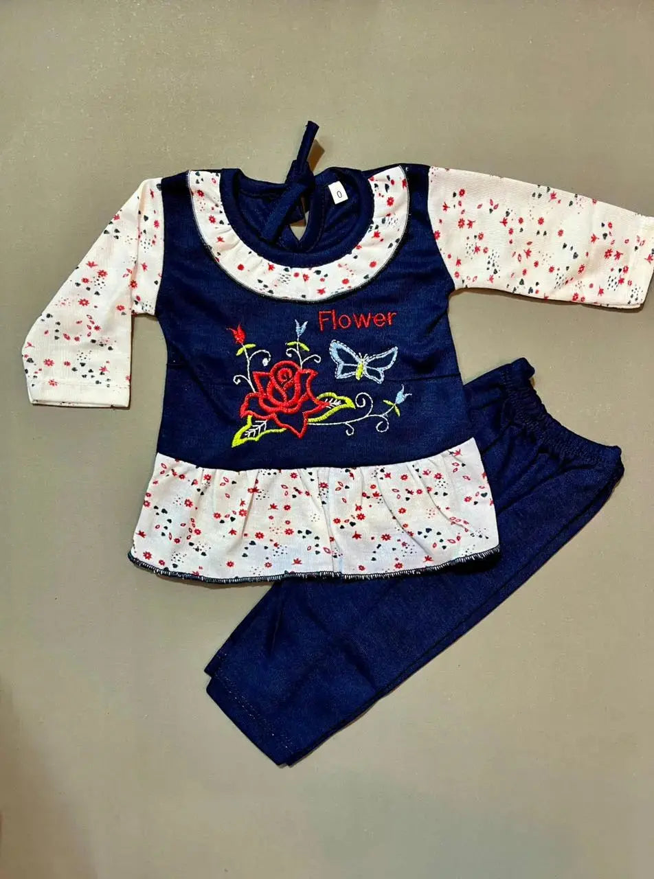 Baby Frock Suit Set Pack of 2 – Soft Cotton with Embroidery Frock with Trouser (0-6 Months)