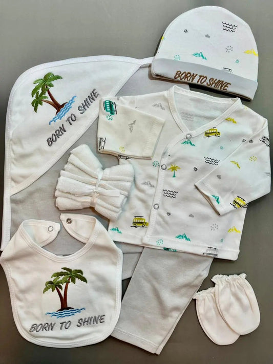 7-Piece Newborn Baby Gift Set – Soft Cotton with Hooded Towel & Bib | Born To Shine Theme (0–6 Months)