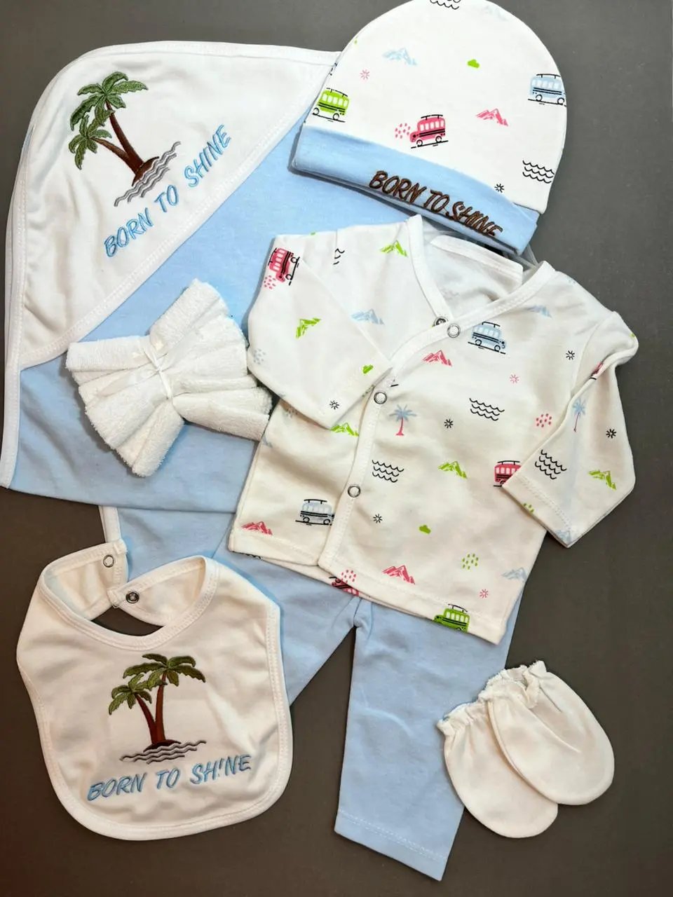 8-Piece Newborn Baby Gift Set – Soft Cotton with Hooded Towel & Bib | Born To Shine Theme (0–6 Months)