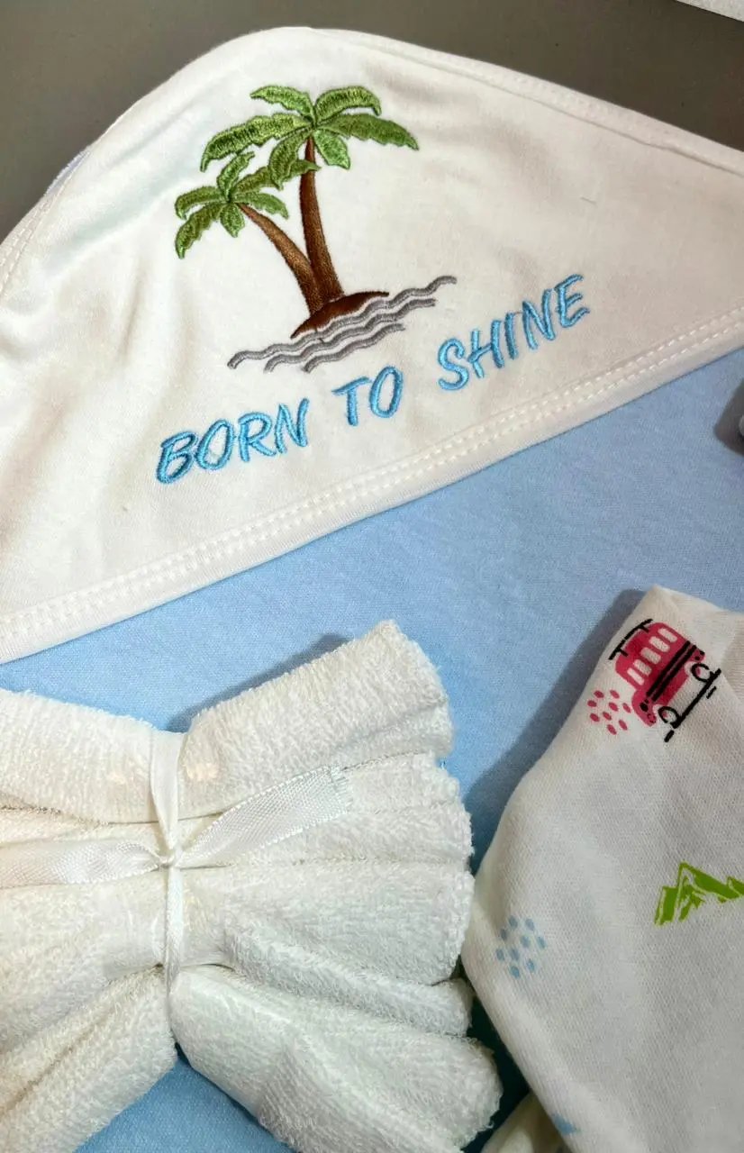 8-Piece Newborn Baby Gift Set – Soft Cotton with Hooded Towel & Bib | Born To Shine Theme (0–6 Months)