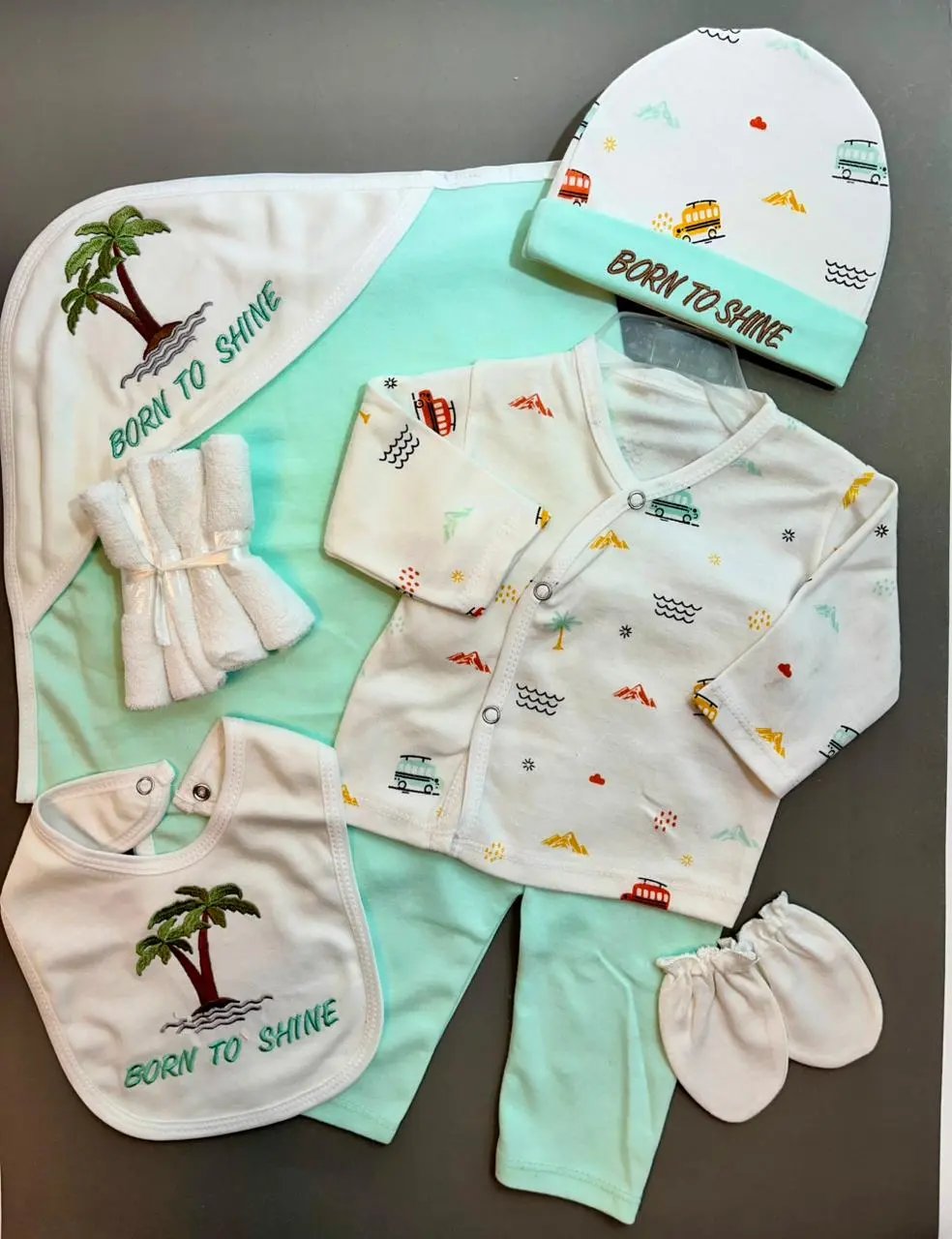 8-Piece Newborn Baby Gift Set – Soft Cotton with Hooded Towel & Bib | Born To Shine Theme (0–6 Months)
