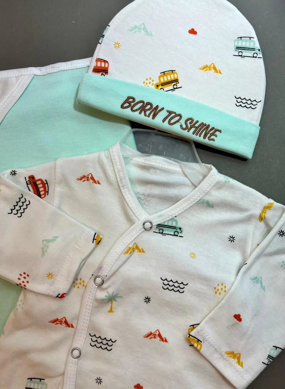 8-Piece Newborn Baby Gift Set – Soft Cotton with Hooded Towel & Bib | Born To Shine Theme (0–6 Months)