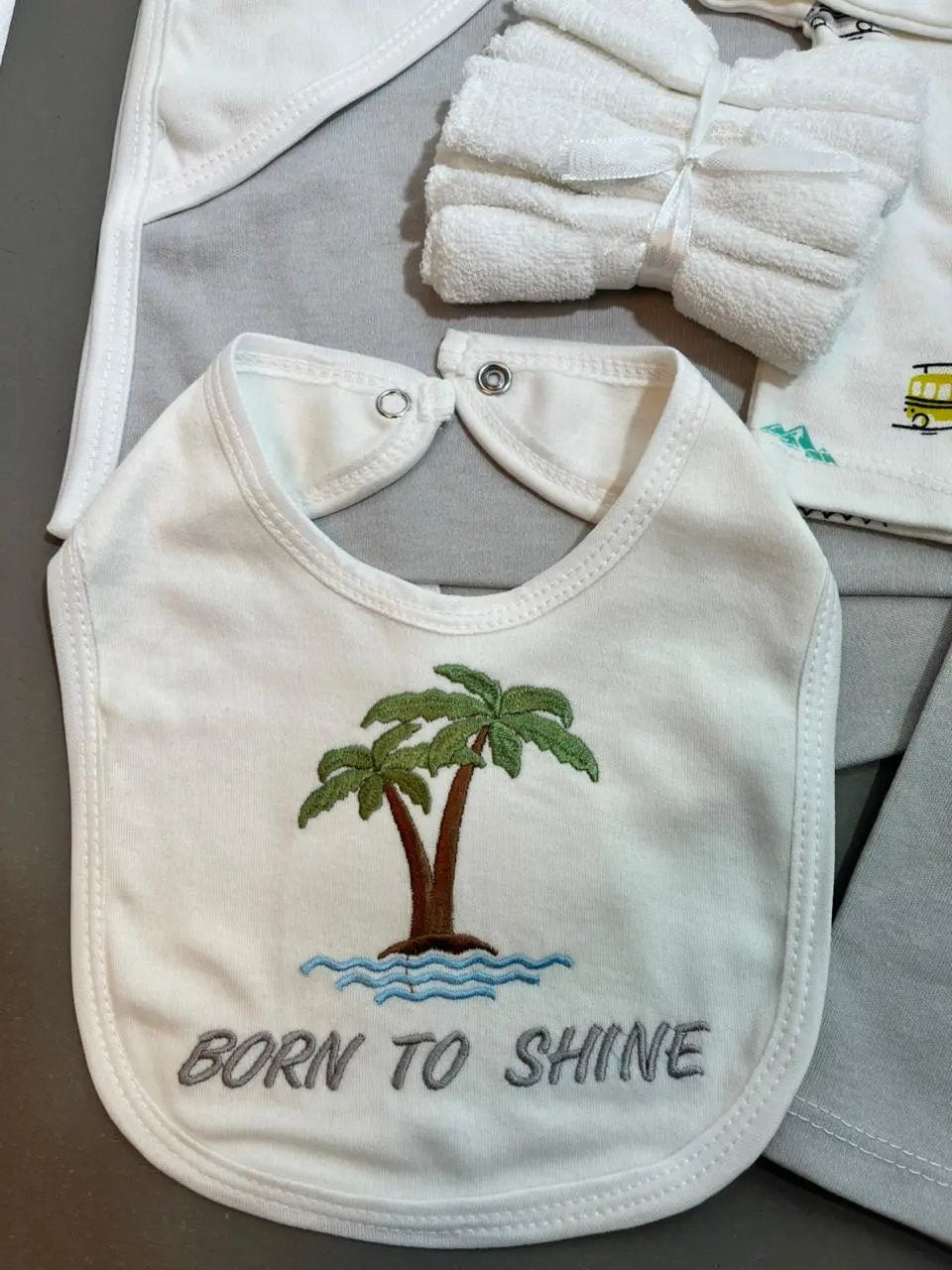 8-Piece Newborn Baby Gift Set – Soft Cotton with Hooded Towel & Bib | Born To Shine Theme (0–6 Months)