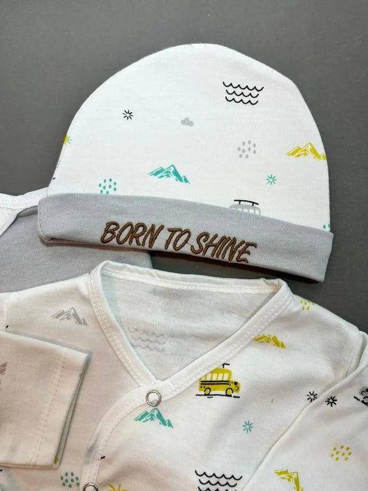 7-Piece Newborn Baby Gift Set – Soft Cotton with Hooded Towel & Bib | Born To Shine Theme (0–6 Months)