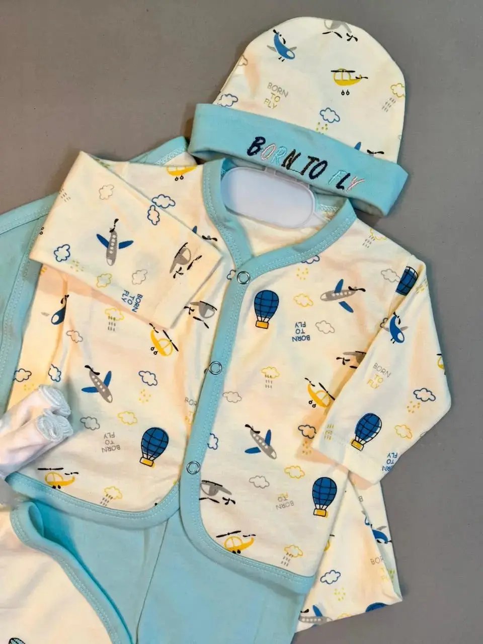 Born To Fly Baby Gift Set – Blue Airplane Theme | 8-Piece Cotton Outfit for Newborn Boys