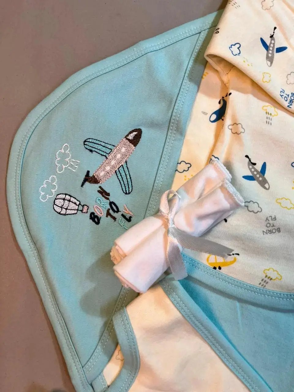 Born To Fly Baby Gift Set – Blue Airplane Theme | 8-Piece Cotton Outfit for Newborn Boys