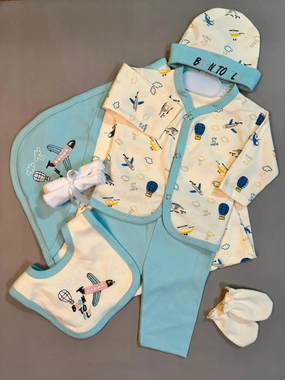Born To Fly Baby Gift Set – Blue Airplane Theme | 8-Piece Cotton Outfit for Newborn Boys