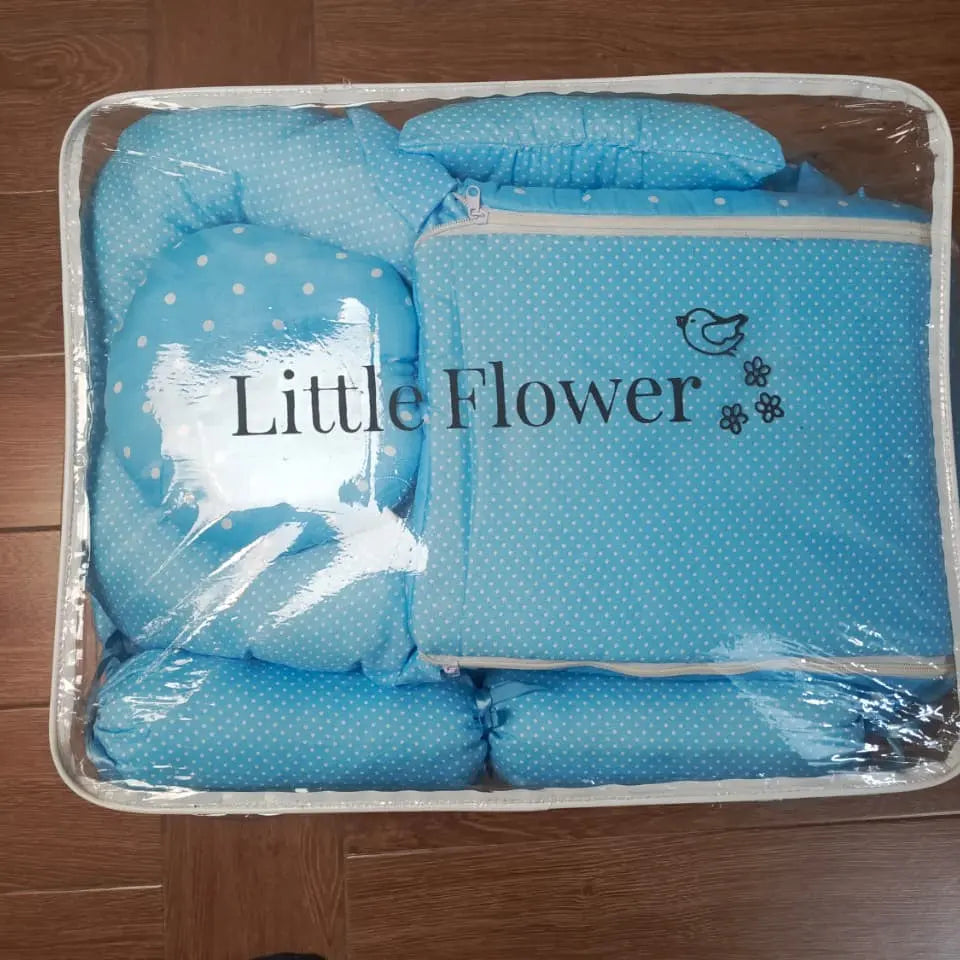 8Pc Baby Bedding Set on Soft Cotton Fabric with Light Blue and white dots (0–2 Years)