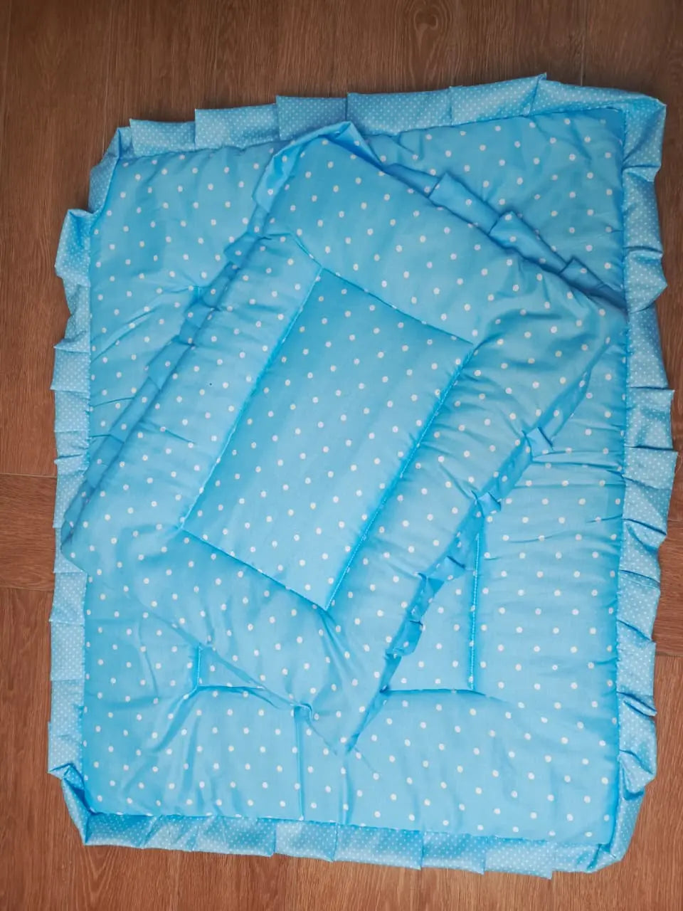 8Pc Baby Bedding Set on Soft Cotton Fabric with Light Blue and white dots (0–2 Years)