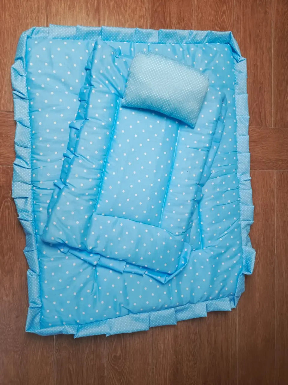 8Pc Baby Bedding Set on Soft Cotton Fabric with Light Blue and white dots (0–2 Years)