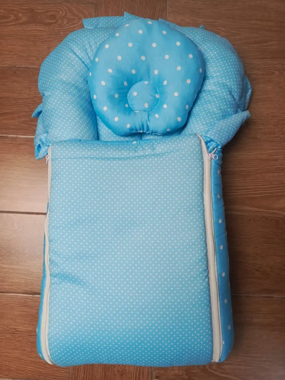 8Pc Baby Bedding Set on Soft Cotton Fabric with Light Blue and white dots (0–2 Years)