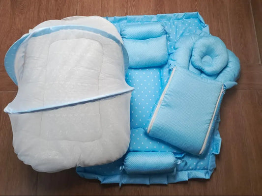 8Pc Baby Bedding Set on Soft Cotton Fabric with Light Blue and white dots (0–2 Years)